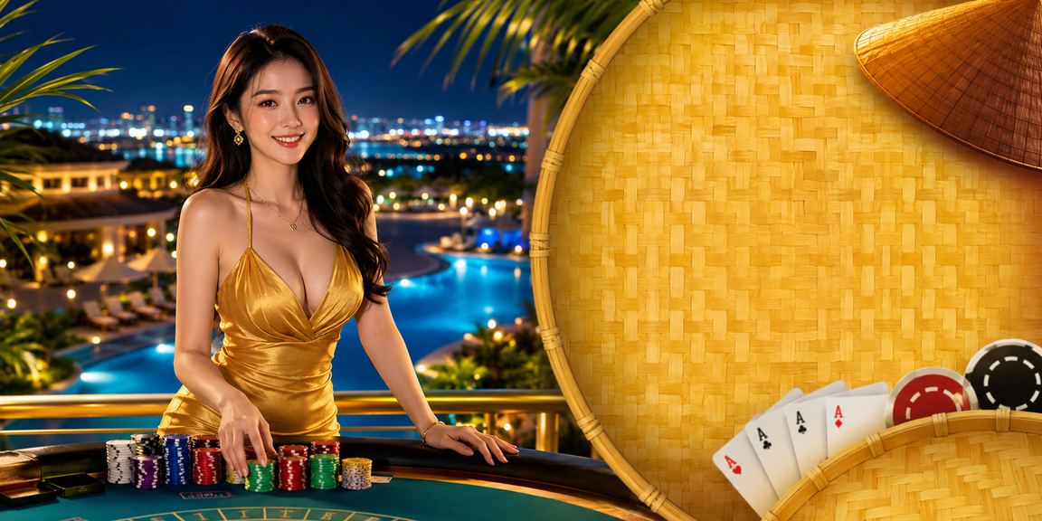 Người chơi bài tại Mũi Né đội nón lá tham gia game bài trên di động buổi chiều