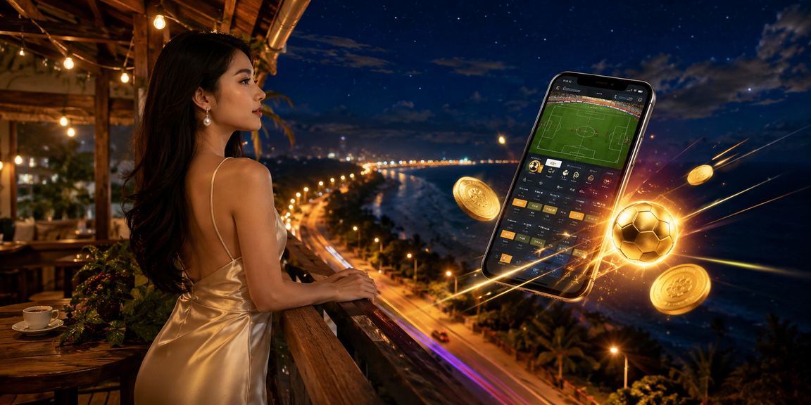 Người dùng thư giãn tại Mũi Né với ly cà phê, tận hưởng giải trí trực tuyến một cách cân bằng